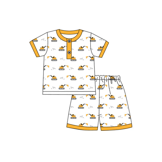 Preorder moq 5 Baby Boys Yellow Short Sleeves Excavators Button Top Short Pajamas Set 4.12
