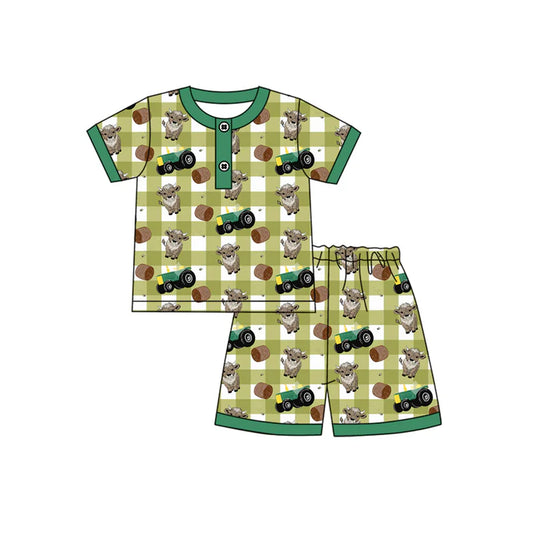 Preorder moq 5 Baby Boys Green Plaid Short Sleeves Cows Trucks Button Top Short Pajamas Set 4.12