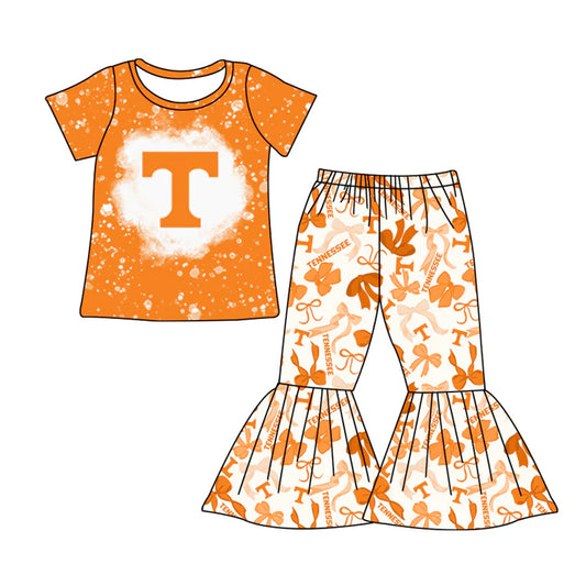 Preorder MOQ 5 Bleached yellow T top bow pants kids girls team clothes 8.27