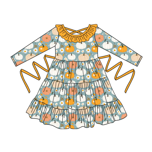 Preorder moq 5 Baby Girls Long Sleeves Flowers Pumpkins With Belt Ruffle Knee Length Dresses 5.2