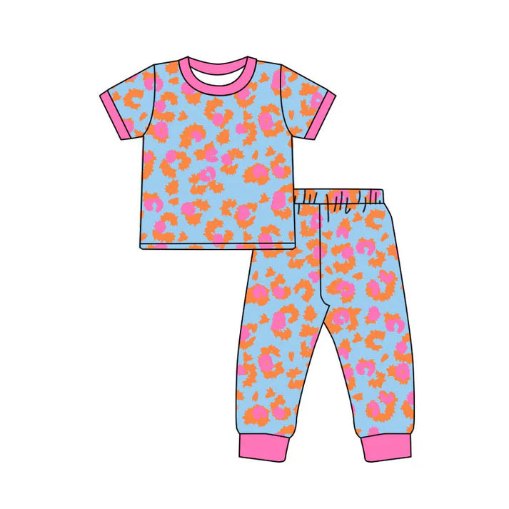 Preorder(moq 8)Baby Girls Orange Pink Leopard Top Pant Pajamas Sets 9.29