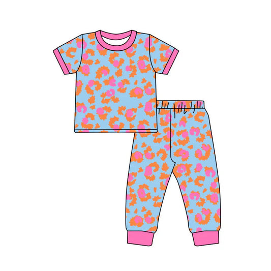Preorder(moq 8)Baby Girls Orange Pink Leopard Top Pant Pajamas Sets 9.29