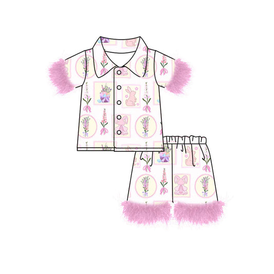 Preorder (moq 8)Baby Girls Flowers Rabbits Checked Button Top Shorts Easter Fur Pajamas Sets 9.17