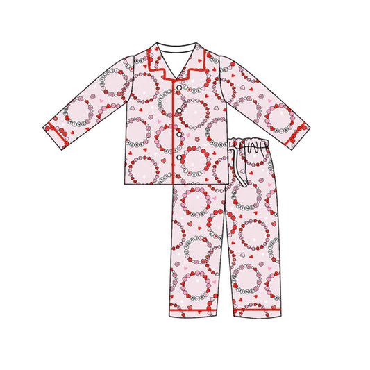 preorder(moq 5) Baby Girls Long Sleeves Pink Flowers Hearts Button Top Pants Pajamas Set 7.24