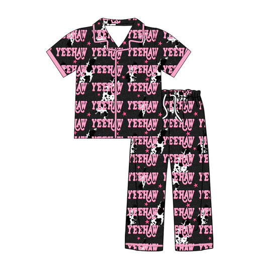Preorder (moq 8)Baby Kids Short Sleeve Cow Print Lights Yeehaw Button Top Pants Western Pajamas Sets 9.19