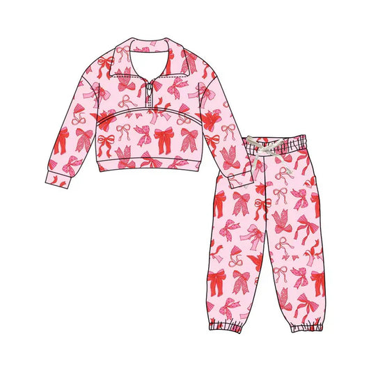 Preorder (moq 5)Baby Girls Pink Bows Plaid Zipper Pullover Jogger Pants Valentines Clothes Sets 11.22