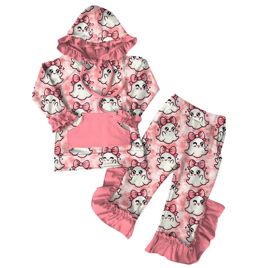 Preorder (moq 5)Baby Girls Pink Long Ruffle Sleeves Bows Ghosts Pocket Hoodies Pant Set 6.20