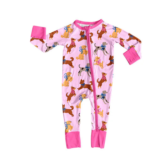 Preorder (moq 8)Baby Girls Bows Dogs Valentine Zipper Footie Rompers 9.19