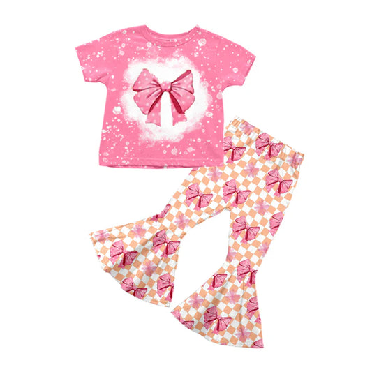 Preorder (moq 5)Baby Girls Pink Short Sleeves Polka Dots Bow Top Plaid Bell Bottom Pant Set 5.12