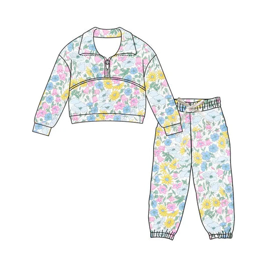Preorder (moq 5)Baby Girls Colorful Flowers Zipper Pullover Jogger Pants Clothes Sets 11.22
