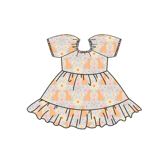 Preorder (moq 5)Baby Girls Colorful Flowers Dogs Ruffle Knee Length Dresses 12.2