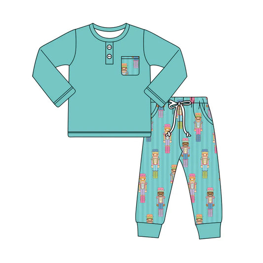 Preorder (moq 5)Baby Boys Green Long Sleeves Button Pocket Top Soldier Stripe Legging Pant Sets 5.28