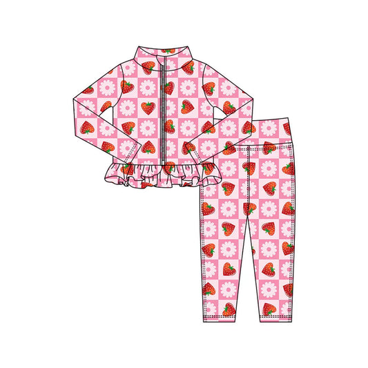 Preorder(moq 5) Baby Girls Flowers Strawberry Checked Zipper Jacket Leggings Clothes Sets 10.31