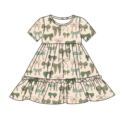 Preorder(moq 8)Baby Girls Green Blue Bows Plaid Ruffle Knee Length Dresses 9.25