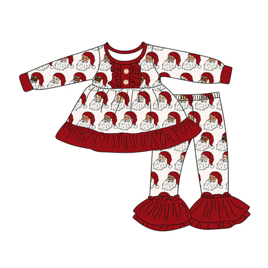 Preorder (moq 5)Baby Girls Long Sleeves Red Santa Button Tunic Bell Bottom Pants Set 7.26