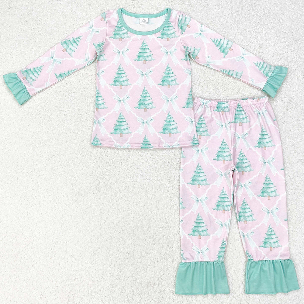 Baby Girls Pajamas Christmas Pink Bows Trees Tops Pants Bamboo Pajamas Sleepwear Sets GLP1242