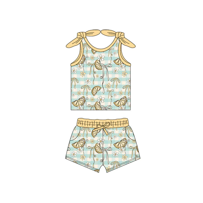 Preorder (moq 5)Baby Girls Yellow Bows Sleeveless Stripe Lemons Flowers Top Pockets Shorts Set 5.27