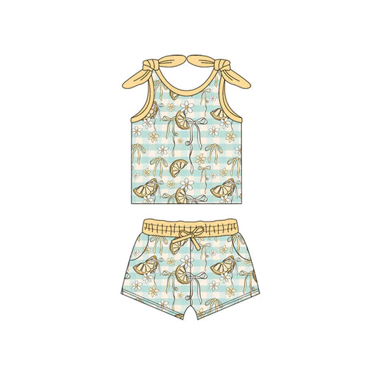 Preorder (moq 5)Baby Girls Yellow Bows Sleeveless Stripe Lemons Flowers Top Pockets Shorts Set 5.27