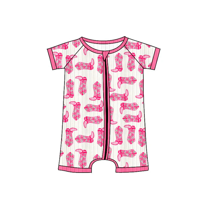Preorder (moq 5)Baby Girls Short Sleeves Hot Pink Floral Boots Zipper Shorts Rompers 6.4