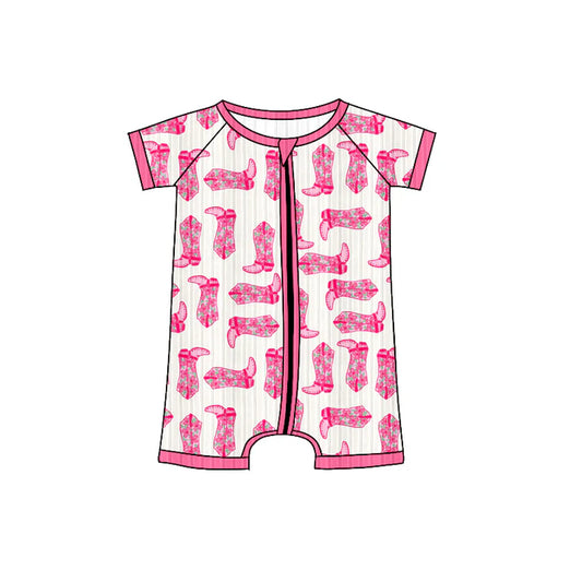 Preorder (moq 5)Baby Girls Short Sleeves Hot Pink Floral Boots Zipper Shorts Rompers 6.4