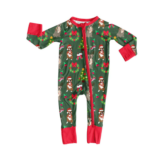 Preorder(moq 5)Baby Infant Boys Long Sleeves Christmas Trees Dogs Holly Zipper Rompers 7.30