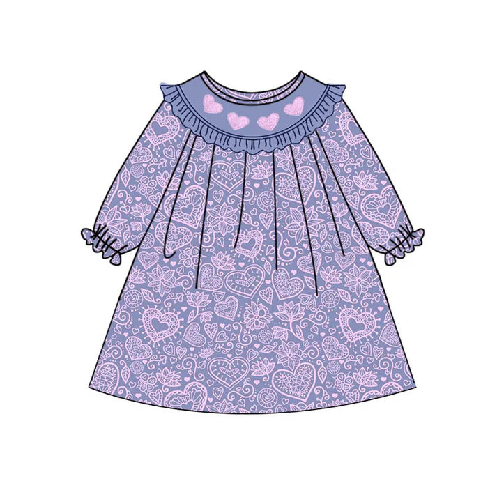 Preorder(moq 5) Baby Girls Lavender Hearts Flowers Valentine Ruffle Knee Length Dresses 10.23