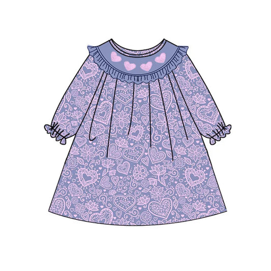 Preorder(moq 5) Baby Girls Lavender Hearts Flowers Valentine Ruffle Knee Length Dresses 10.23