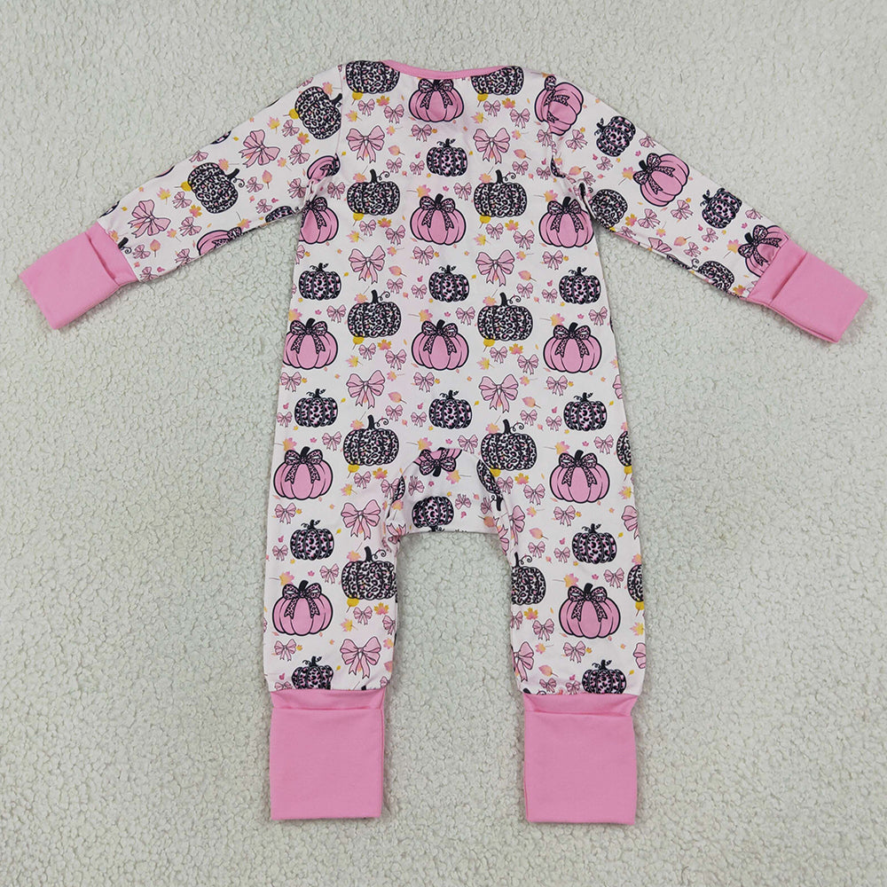 Baby Girls Rompers Pink Bows Leopard Pumpkins Fall Ruffle Zip Rompers LR3061