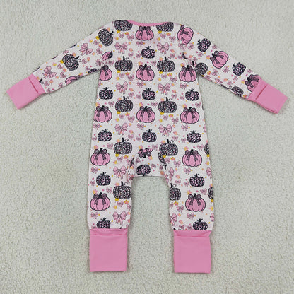 Baby Girls Rompers Pink Bows Leopard Pumpkins Fall Ruffle Zip Rompers LR3061
