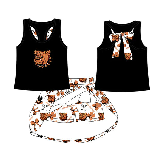 moq 5 preorder Baby Girls Black Sleeveless Bulldogs Vest Top Bows Plaid Short Skirts Team Set 7.25