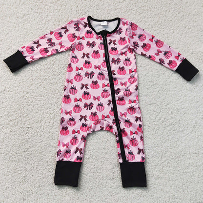 Baby Girls Rompers Pink Bows Pumpkins Fall Two Way Zip Convertible Rompers LR3069