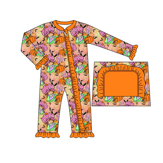 preorder(moq 5)Baby Infant Girls Orange Bat Pumpkins Ruffle Zipper Halloween Rompers 8.1