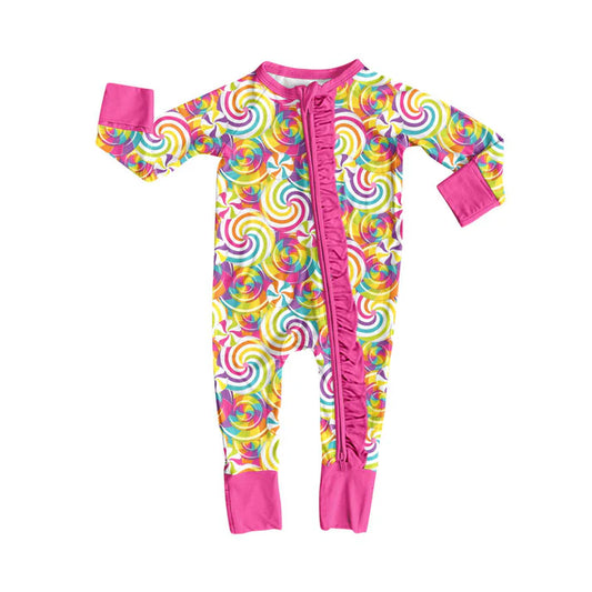 Preorder (moq 5)Baby Girls Pink Colorful Candy Ruffle Zipper Footie Rompers 9.6