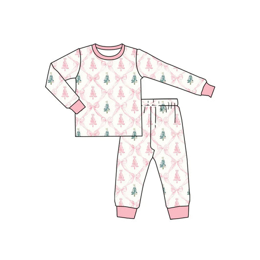 Preorder (moq 5)Baby Girls Long Sleeves Pink Bows Trees Plaid Top Pant Pajamas Set 5.19