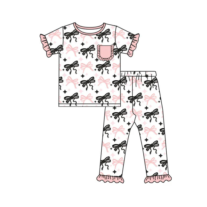 Preorder(moq 5) Baby Girls Pink Black Stars Bows Plaid Pocket Top Ruffle Pants Pajamas Sets 10.30