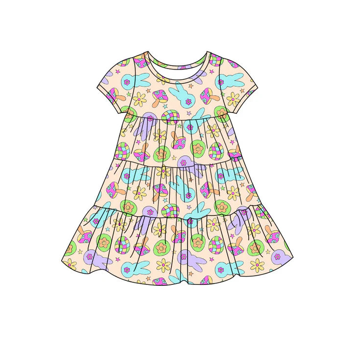 Preorder(moq 5) Baby Girls Colorful Rabbits Eggs Easter Patchwork Ruffle Knee Length Dresses 11.7