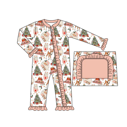 Preorder moq 5 Baby Infant Girls Long Sleeves Deer Santa Trees Ruffle Zipper Romper 7.14