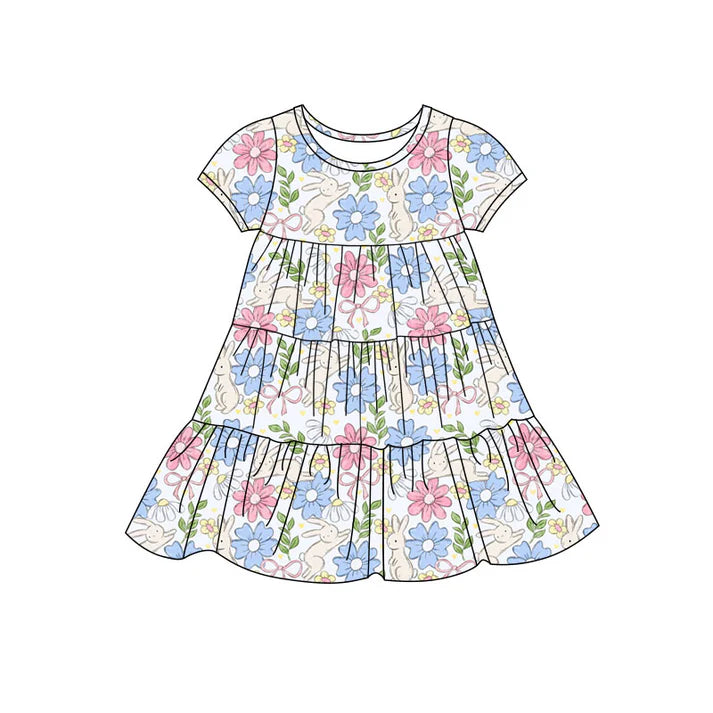 Preorder(moq 5) Baby Girls Colorful Floral Rabbits Easter Patchwork Ruffle Knee Length Dresses 11.7
