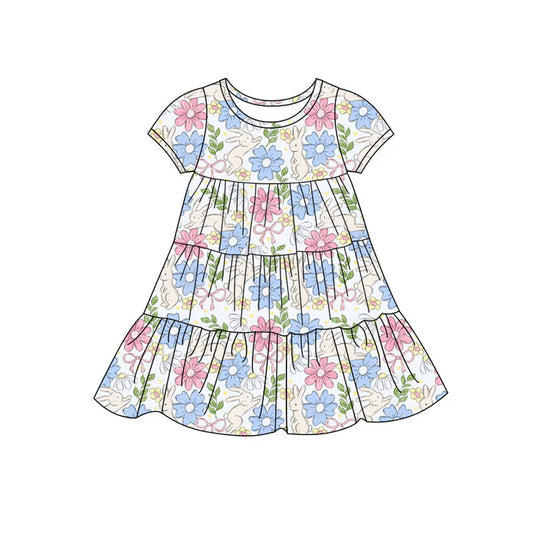 Preorder(moq 5) Baby Girls Colorful Floral Rabbits Easter Patchwork Ruffle Knee Length Dresses 11.7