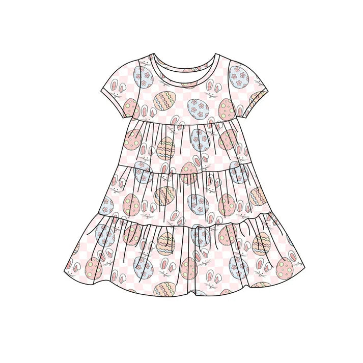 Preorder(moq 5) Baby Girls Pink Checked Eggs Rabbits Easter Patchwork Ruffle Knee Length Dresses 11.7