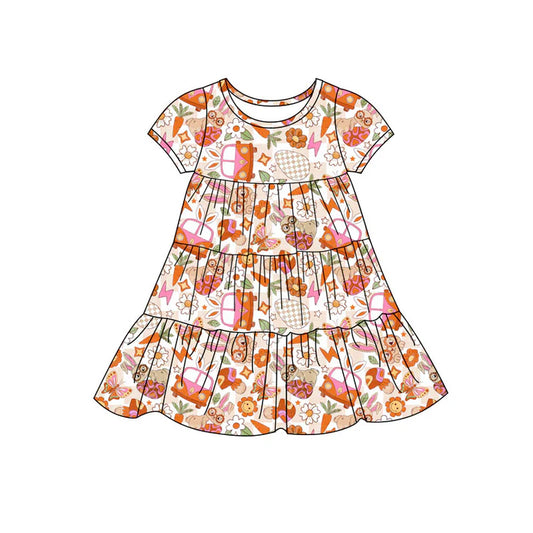 Preorder(moq 5) Baby Girls Eggs Rabbits Buses Easter Patchwork Ruffle Knee Length Dresses 11.7