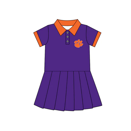 Preorder (moq 5)Baby Girls Purple Short Sleeves Button Pawl Team Shorts Knee Length Dresses 7.11