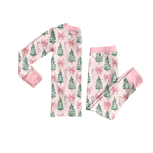 Preorder (moq 5)Baby Girls Long Sleeves Pink Bows Trees Top Pant Pajamas Sets 5.29