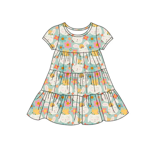 Preorder(moq 5) Baby Girls Flowers Rabbits Easter Patchwork Ruffle Knee Length Dresses 11.7