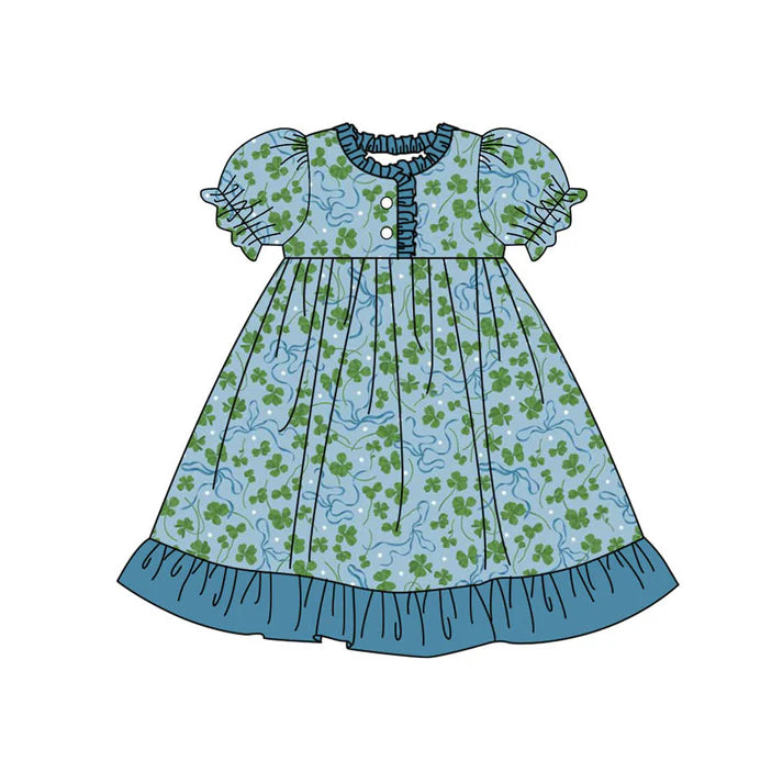 Preorder(moq 5) Baby Girls Clovers Bows St Patrick Button Ruffle Knee Length Dresses 10.23