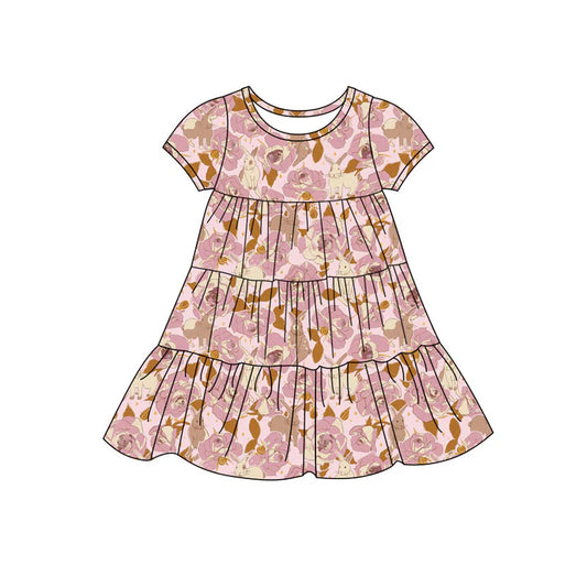 Preorder(moq 5) Baby Girls Rabbits Floral Easter Patchwork Ruffle Knee Length Dresses 11.7