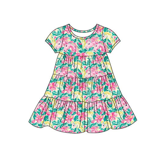 Preorder(moq 5) Baby Girls Horses Floral Patchwork Ruffle Knee Length Dresses 11.7