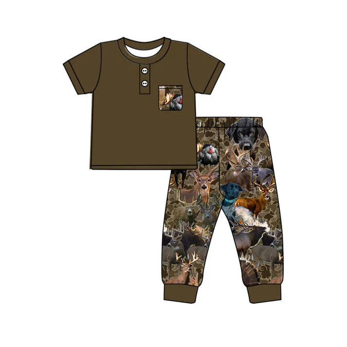 Preorder(moq 5) Baby Boys Brown Button Pockets Top Deer Dogs Camo Hunting Pajamas Set 10.23