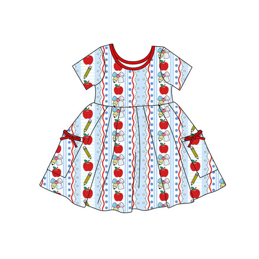 Preorder(moq 5) Baby Girls Apples Pencil Bows Stripe Pockets Back to School Knee Length Dresses 11.7