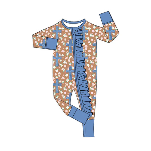 Preorder (moq 8)Baby Girls Flowers Crosses Easter Ruffle Zipper Footie Rompers 9.16